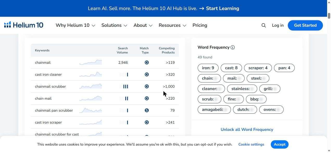 Helium 10 free keyword tool results for chainmail scrubber on Amazon UK