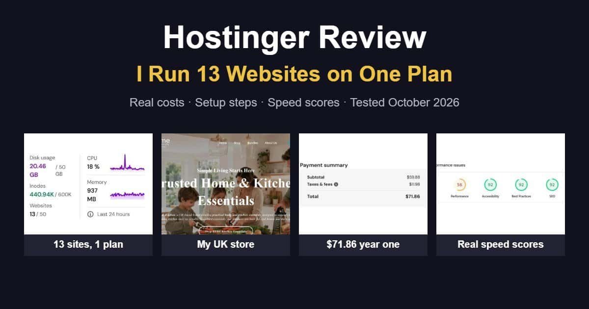 Hostinger review: I run 13 websites on one plan, with real costs, setup steps and speed scores