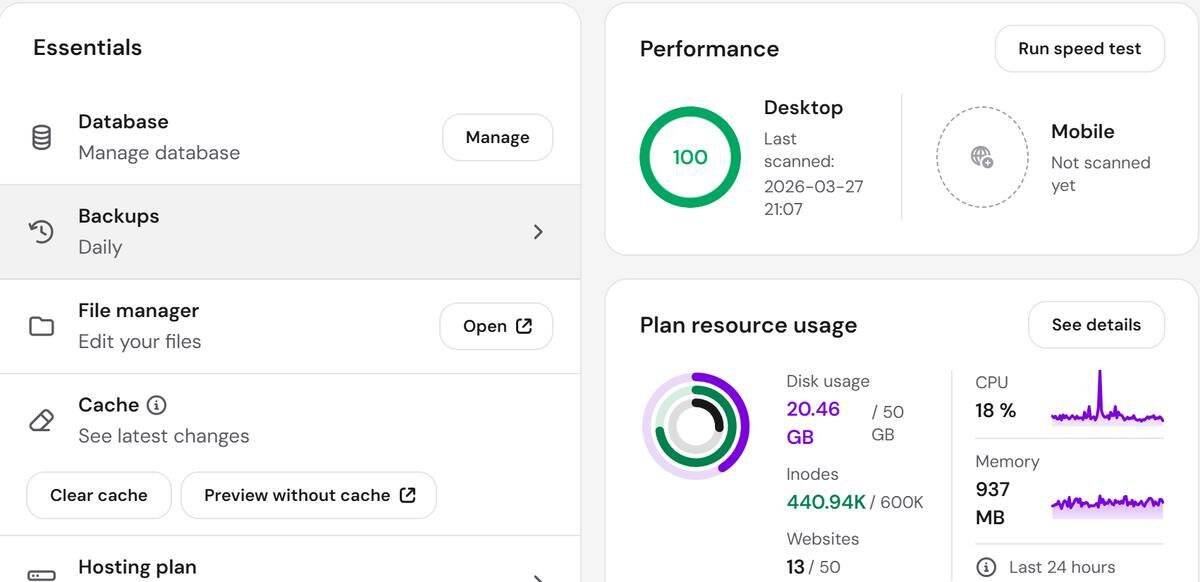 Hostinger hPanel site dashboard with daily backups, cache controls and a 100 desktop performance score