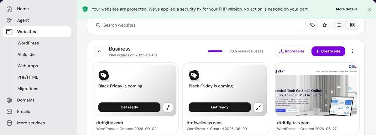 Hostinger hPanel dashboard showing several websites on one Business plan