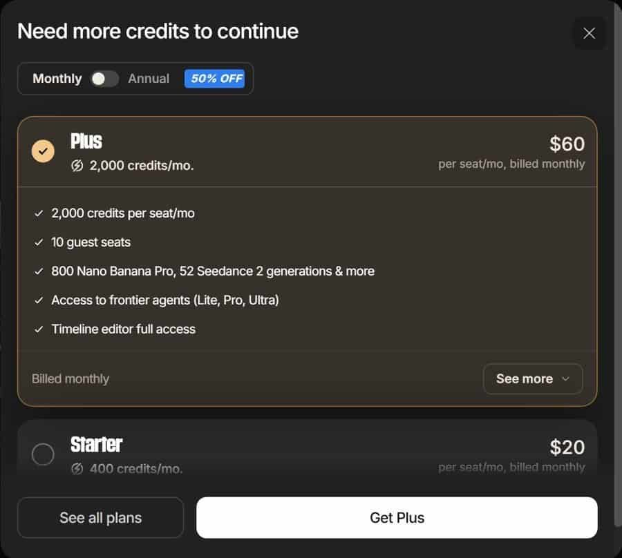 InVideo free plan: need more credits to continue pop-up