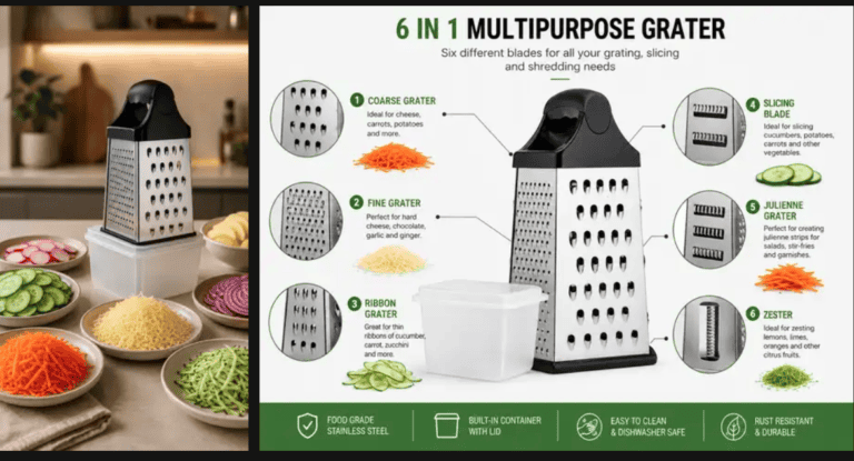AI product video for a small business: six-sided stainless steel grater with storage container