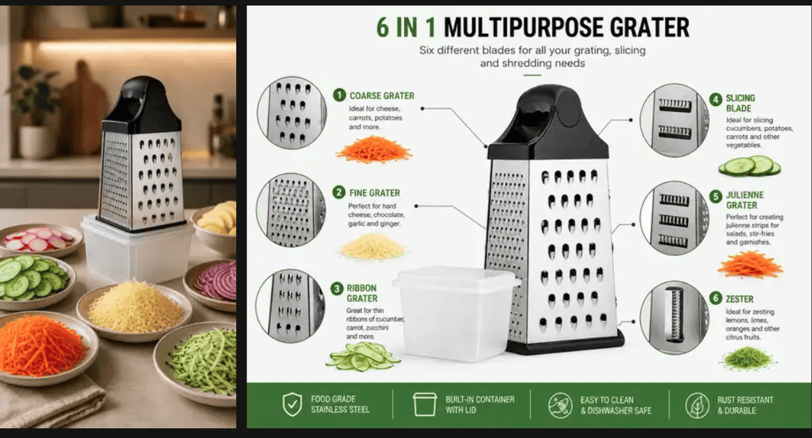 AI product video for a small business: six-sided stainless steel grater with storage container