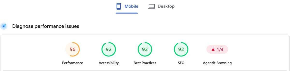 Google PageSpeed Insights mobile scores: Performance 56, Accessibility 92, Best Practices 92, SEO 92