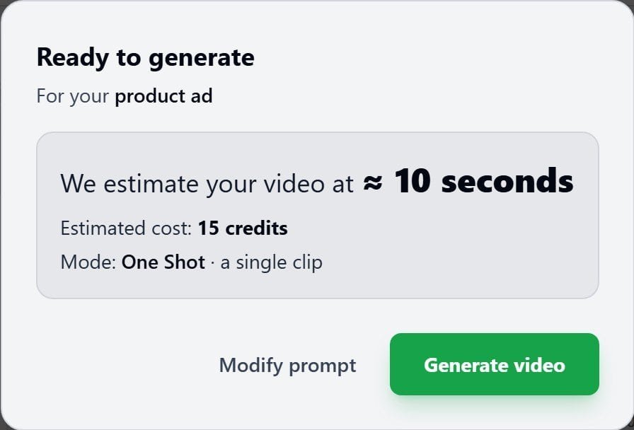 Reeporter AI review: cost estimate showing a 10-second product ad for 15 credits