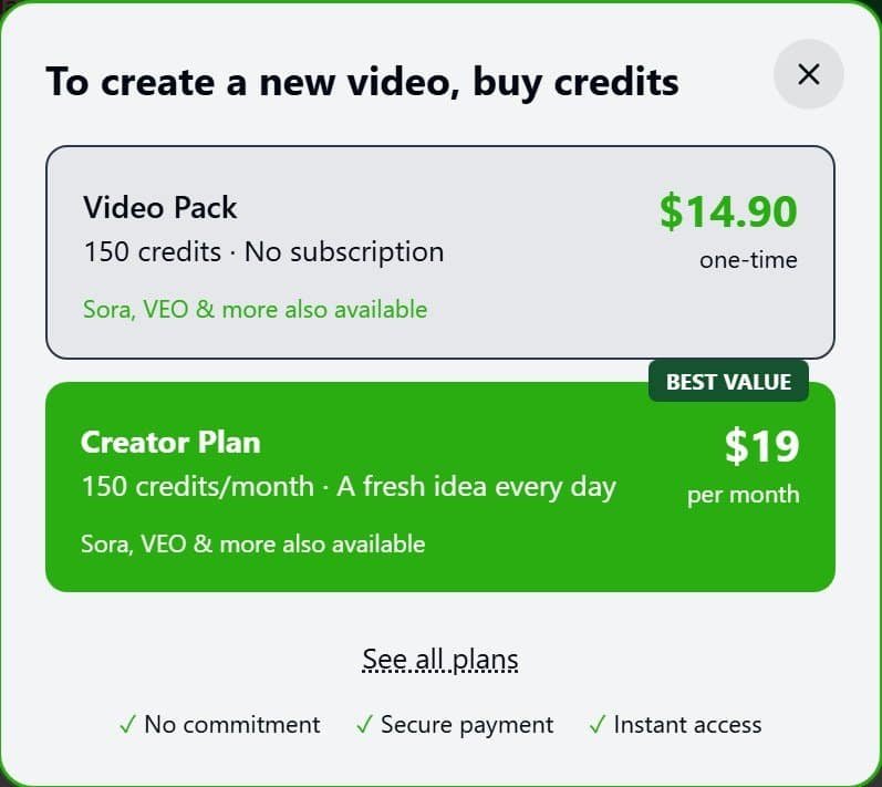 Reeporter free plan pop-up asking to buy credits: Video Pack $14.90 or Creator plan $19 a month