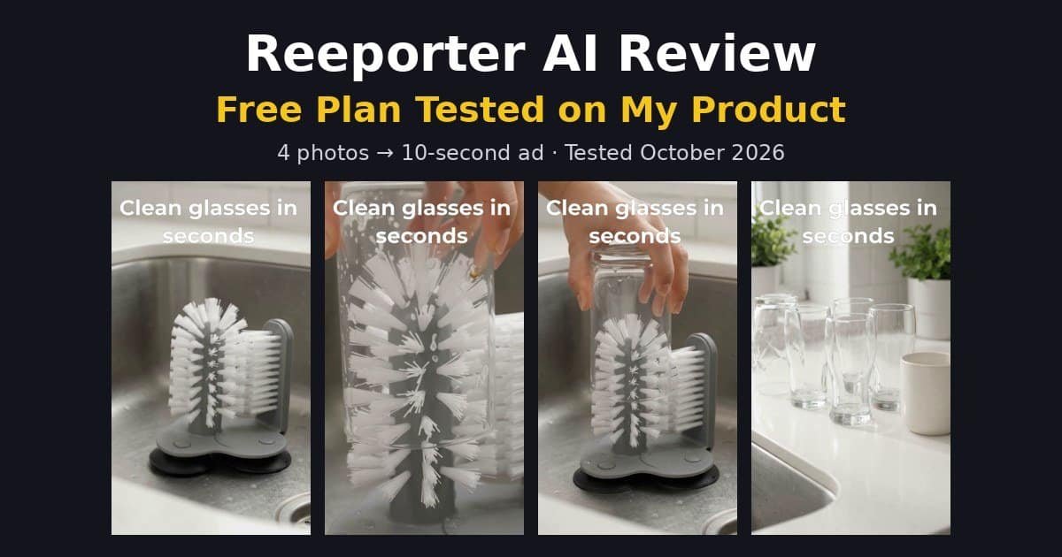 Reeporter AI review: free plan tested on my suction glass cup brush, with frames from the AI video ad