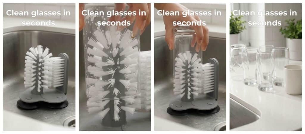 Frames from the Reeporter AI video ad of my suction glass cup brush with the text Clean glasses in seconds.