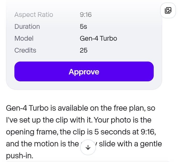 Runway Agent plan: Gen-4 Turbo, 9:16, 5 seconds, 25 credits