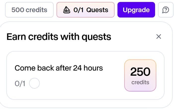 Runway free plan showing 500 credits and a 250-credit quest
