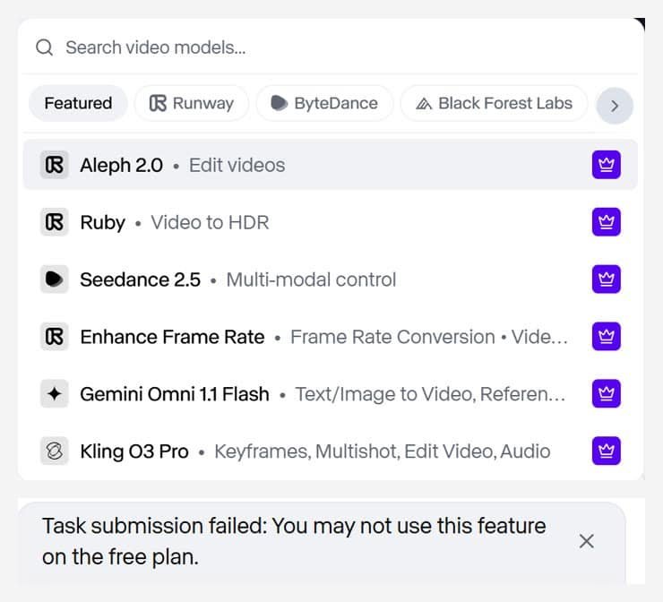 Runway free plan: every video model locked and Agent task failed