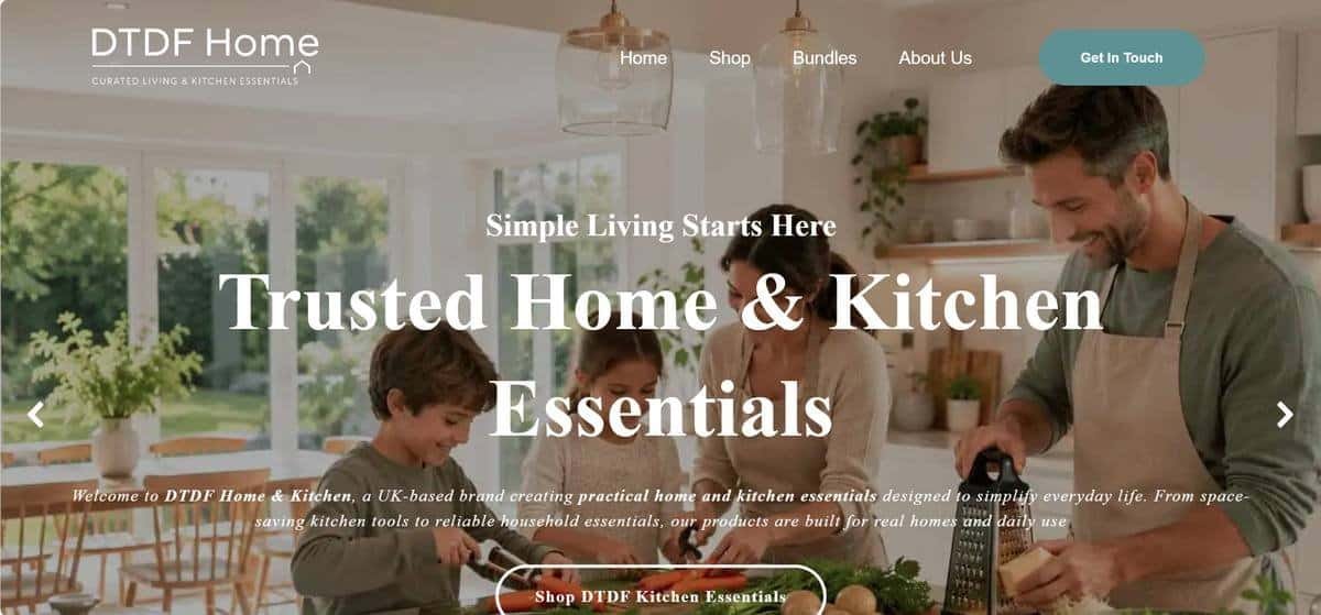 Homepage of DTDF Home and Kitchen online store hosted on Hostinger