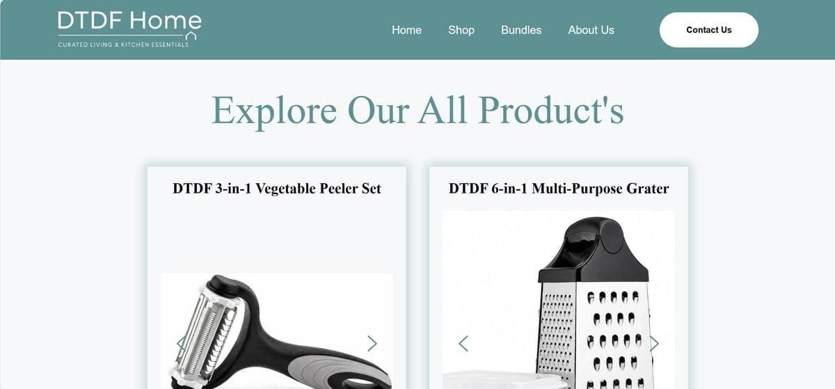 DTDF Home products page showing a vegetable peeler set and a multi-purpose grater