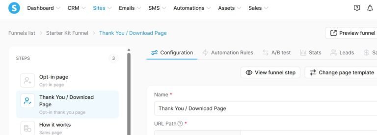 Systeme.io review, Starter Kit funnel with opt-in and thank-you steps