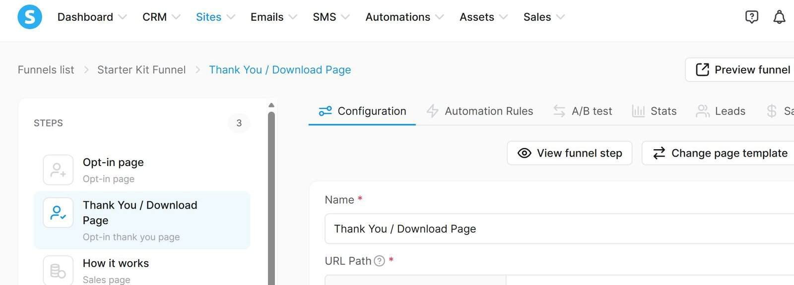 Systeme.io review, Starter Kit funnel with opt-in and thank-you steps