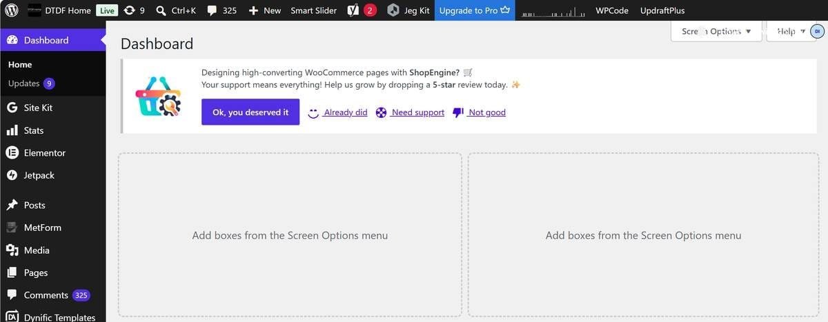 WordPress dashboard for a WooCommerce home and kitchen store